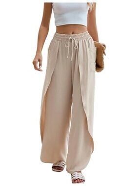 Womens Wide Leg Palazzo Pants High Waist Side Slit Casual Beach Lounge Pants